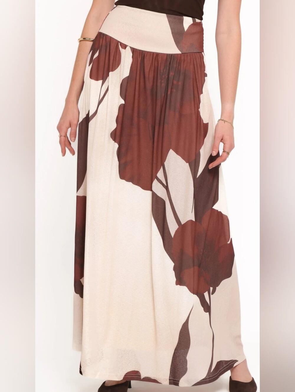 Petal & Pup Cascade Maxi Skirt Cream Brown Floral High Rise A-Line size XL